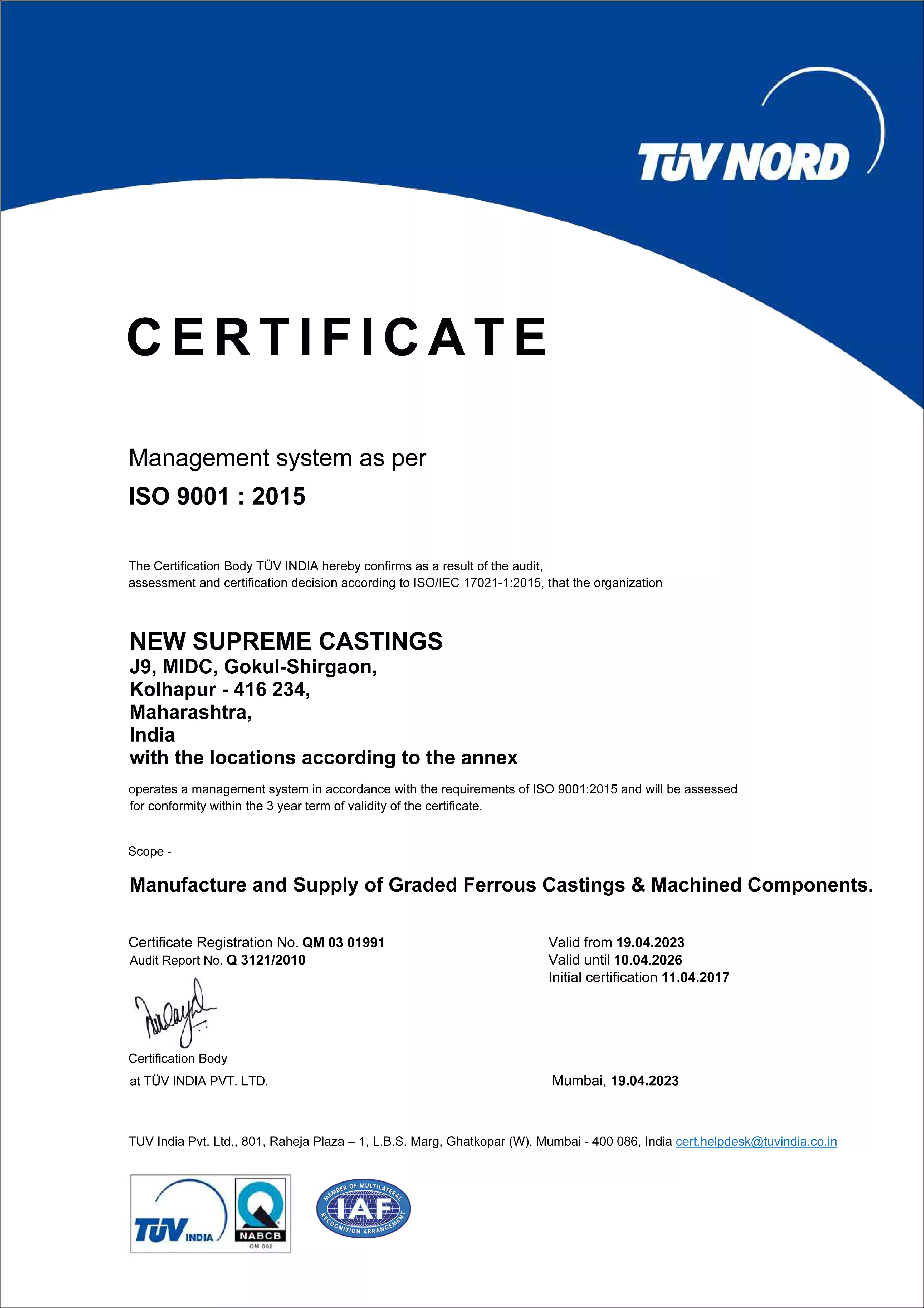 New Supreme Castings Certificates